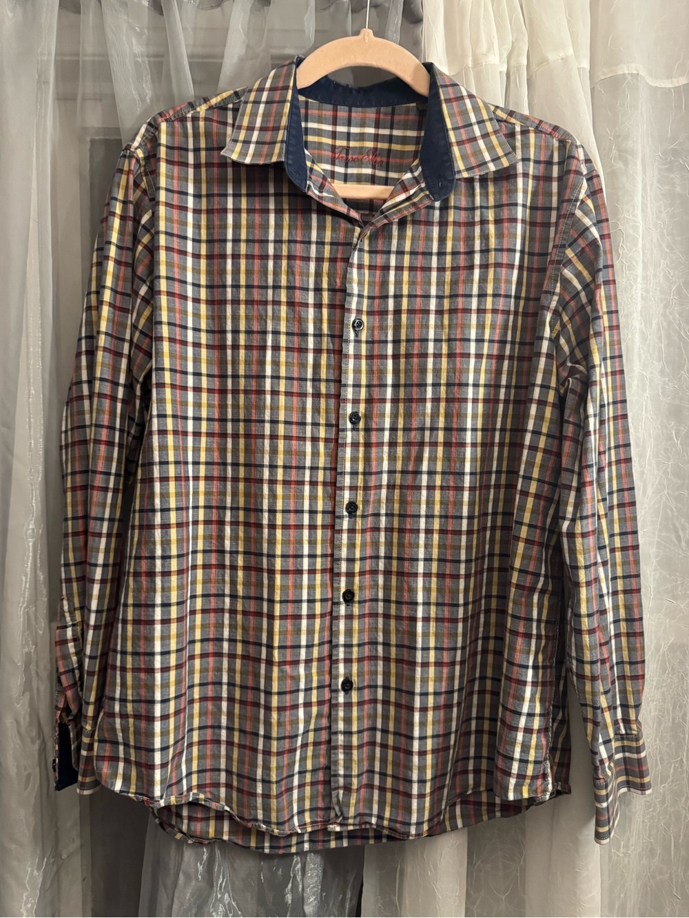 Tasso Elba Multicolor Plaid Button-Down Shirt with Navy Collar